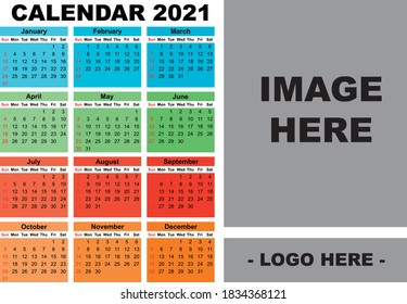 Simple multicolor editable calendar layout for year 2021 . Week starts from Sunday with company logo and note or image block.