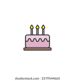 A simple, multicolor illustration depicting a pink birthday cake with three lit candles on top. Great for designs related to birthdays, celebrations, and festive occasions.