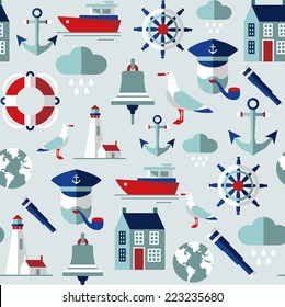 Simple multicolor seamless background with many sea icons on nautical theme 