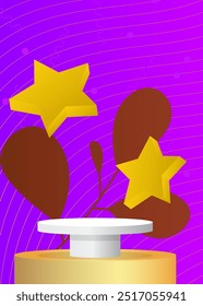 Simple multicolored abstract product display. Realistic vector 3D room, cylinder pedestal podium. Stage showcase for presentation. Futuristic Sci-fi minimal geometric forms, empty scene.