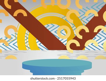 Simple multicolored abstract product display. Realistic vector 3D room, cylinder pedestal podium. Stage showcase for presentation. Futuristic Sci-fi minimal geometric forms, empty scene.