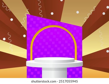 Simple multicolored abstract product display. Realistic vector 3D room, cylinder pedestal podium. Stage showcase for presentation. Futuristic Sci-fi minimal geometric forms, empty scene.