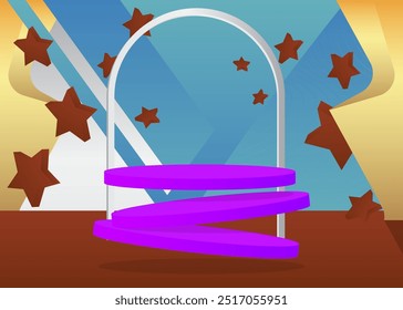 Simple multicolored abstract product display. Realistic vector 3D room, cylinder pedestal podium. Stage showcase for presentation. Futuristic Sci-fi minimal geometric forms, empty scene.