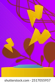 Simples exposição multicolorida abstrata do produto. Vetor realista sala 3D, pódio de pedestal cilindro. Exibição de palco para apresentação. Formas geométricas mínimas de ficção científica futurista, cena vazia.