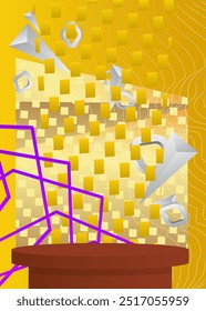 Simples exposição multicolorida abstrata do produto. Vetor realista sala 3D, pódio de pedestal cilindro. Exibição de palco para apresentação. Formas geométricas mínimas de ficção científica futurista, cena vazia.