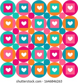 Simple multi-colored geometric shapes and hearts. Abstract vector pattern for web banner, fabric print, background.