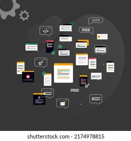 Simple multi-colored icons related to programming and communication on background, perfect for website, blog, graphic design, social media, UI, mobile app, vector illustration