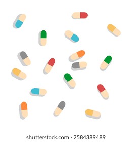 simple multicolored pills capsules lie on the surface and cast a shadow. Vector. Isolated. On a transparent background
