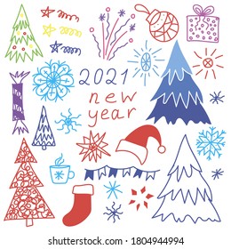 Simple multicolored vector doodle set for New Year design. Festive Christmas elements, decoration, pattern making.