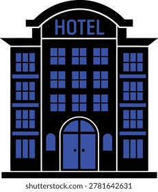 Simple a multi-story hotel building facade featuring numerous blue and a prominent arched entrance