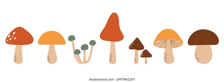 Simple mushroom set. Hand drawn vector illustration. Autumn set of cute and cozy design elements. Fall, Thanksgiving Day, Autumn season.
