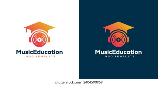 Simple Music Education Logo. Graduate Hat, Vinyl, Headphone Logo Design Template.