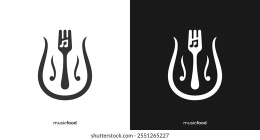Simple Music Food Logo. Abstract Fork and Note Music Icon Graphic for Live Music Restaurant Food and More.