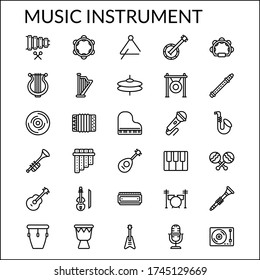 Simple Music Instrument Icons in Line Style Contain Such Icon as Drum, Guitar, Banjo, Maracas, Piano, Violin, Saxophone, Gramophone, Cymbals, Flute, Clarinet, Harp, and more. 64 x 64 Pixel Perfect