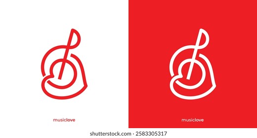 Simple Music Love Logo. Musical Notation and Abstract Love Shape Graphic Icons. Music Lovers Logo Design Template.