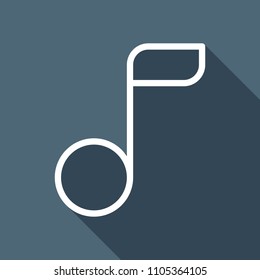 Simple music note. Linear icon, thin outline. White flat icon with long shadow on background