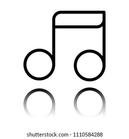 Simple music note. Linear icon, thin outline. Black icon with mirror reflection on white background