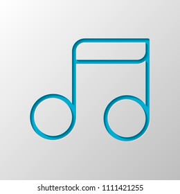 Simple music note. Linear icon, thin outline. Paper design. Cutted symbol with shadow