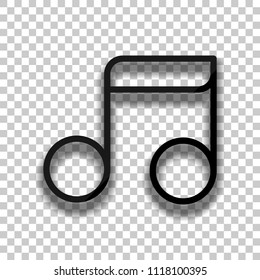 Simple music note. Linear icon, thin outline. Black glass icon with soft shadow on transparent background