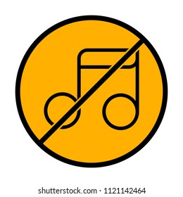 Simple music note. Linear icon, thin outline. not allowed, black object in warning sign with orange background color