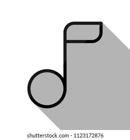 Simple music note. Linear icon, thin outline. Black object with long shadow on white background