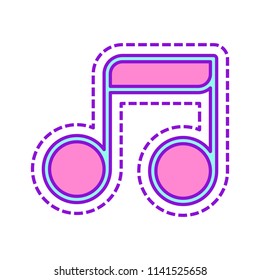 Simple music note. Linear icon, thin outline. Colored sketch with dotted border on white background