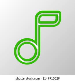 Simple music note. Linear icon, thin outline. Paper style. Cut symbol with green bold contour on shape and simple shadow