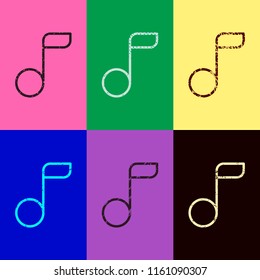 Simple music note. Linear icon, thin outline. Pop art style. Scratched icons on 6 colour backgrounds. Seamless pattern