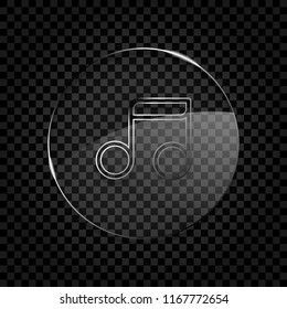 Simple music note. Linear icon, thin outline. Icon in circle glass bubble on dark transparent grid. Glass style