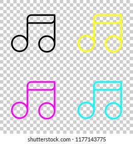 Simple music note. Linear icon, thin outline. Colored set of cmyk icons on transparent background