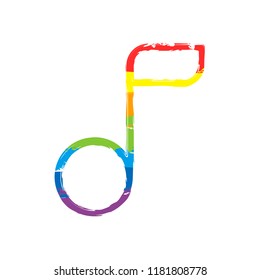 Simple music note. Linear icon, thin outline. Drawing sign with LGBT style, seven colors of rainbow (red, orange, yellow, green, blue, indigo, violet