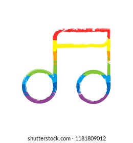 Simple music note. Linear icon, thin outline. Drawing sign with LGBT style, seven colors of rainbow (red, orange, yellow, green, blue, indigo, violet