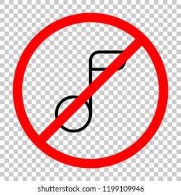 Simple music note. Linear icon, thin outline. Not allowed, black object in red warning sign with transparent background