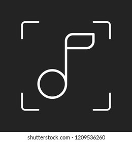 Simple music note. Linear icon, thin outline. White object in camera autofocus on dark background