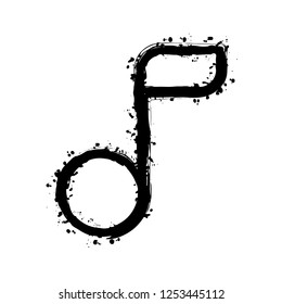 Simple music note. Linear icon, thin outline. Black ink with splashes on white background