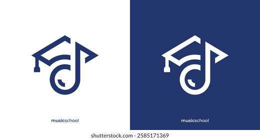 Simple Music School Logo. Graduation Cap Graphic Icon Combined with Music Notation for Music School Logo Design Template.