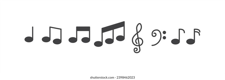 Simple musical icons set. Music notes icons collection. Musical note vector. Music elements. Simple musical notes signs. Isolated music notes on transparent background. 