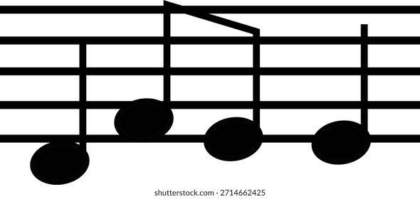 Notas musicales simples en las líneas del pentagrama Ilustración vectorial en blanco y negro. Este diseño de notación de música limpia presenta notas y barras clásicas, ideales para materiales de educación musical
