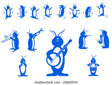 Simple Musical and Playful Rabbits - Vector Illustration