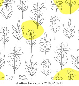 Simple naive floral seamless pattern. Outline spring and summer flowers with abstract shapes. Bloom line art. Botanical background, digital paper, wrapping paper.