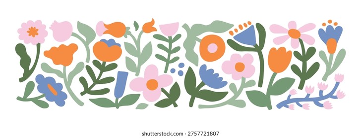 Simple naive flowers set. Collection of summer or spring flora. Stickers plants and flowers. Cute color palette. Set of beautiful bloom in cartoon doodle modern style. Childish illustration print.