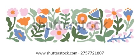 Simple naive flowers set. Collection of summer or spring flora. Stickers plants and flowers. Cute color palette. Set of beautiful bloom in cartoon doodle modern style. Childish illustration print.