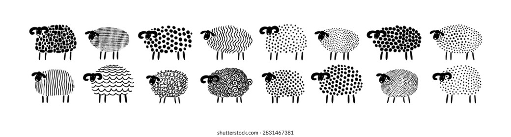 Simple naive sheeps big set. Collection of modern doodle monochrome sheep, dot and line. Print, decoration, New Year of sheep, Chinese horoscope. Farm, wool production logo. Black and white.