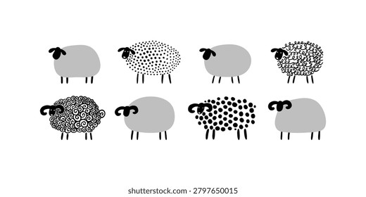 Simple naive sheeps set. Collection of modern doodle monochrome sheep, line, flat and dot. Print, decoration, Year of sheep, Chinese horoscope. Farm, wool production logo. Black and white, minimalism.
