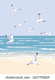 Simple natural background with sea coast scenery. Serenity landscape with blue water, small waves and flying seagulls in clear sky vector flat illustration.