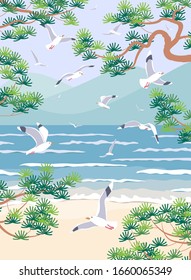 Simple natural background with sea coast scenery. Serenity landscape with blue water, small waves, mountains, pine branches and flying seagulls in clear sky vector flat illustration.