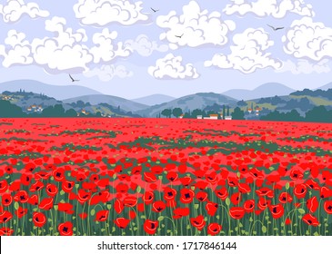 Simple natural horizontal background with red blooming poppies. Tuscany landscape with poppy field, hills, floating clouds and flying birds in sky. Serenity nature view vector illustration.