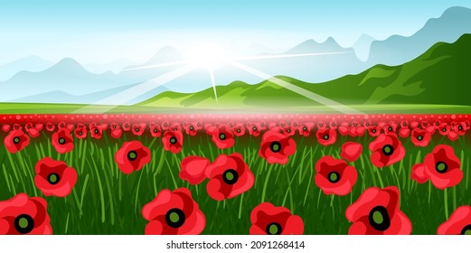 Simple natural horizontal background with red blooming poppies and mountains. Vector illustration