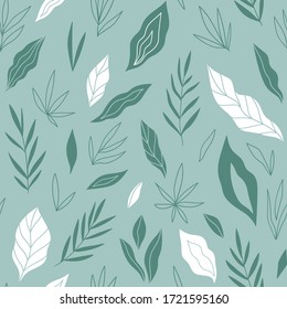 Sencillo patrón natural sin fisuras en colores verdes. Hojas dibujadas a mano vectoriales repetidas en el fondo. Textura orgánica para el diseño de tela.