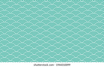 Simple Nature background Japanese Circle Backdrop Patter With Ocean Waves. Seigaiha or Seigainami - Waves of the Sea Japanese Classic Repetitive Pattern Background. Monochrome Green Repeat Background.